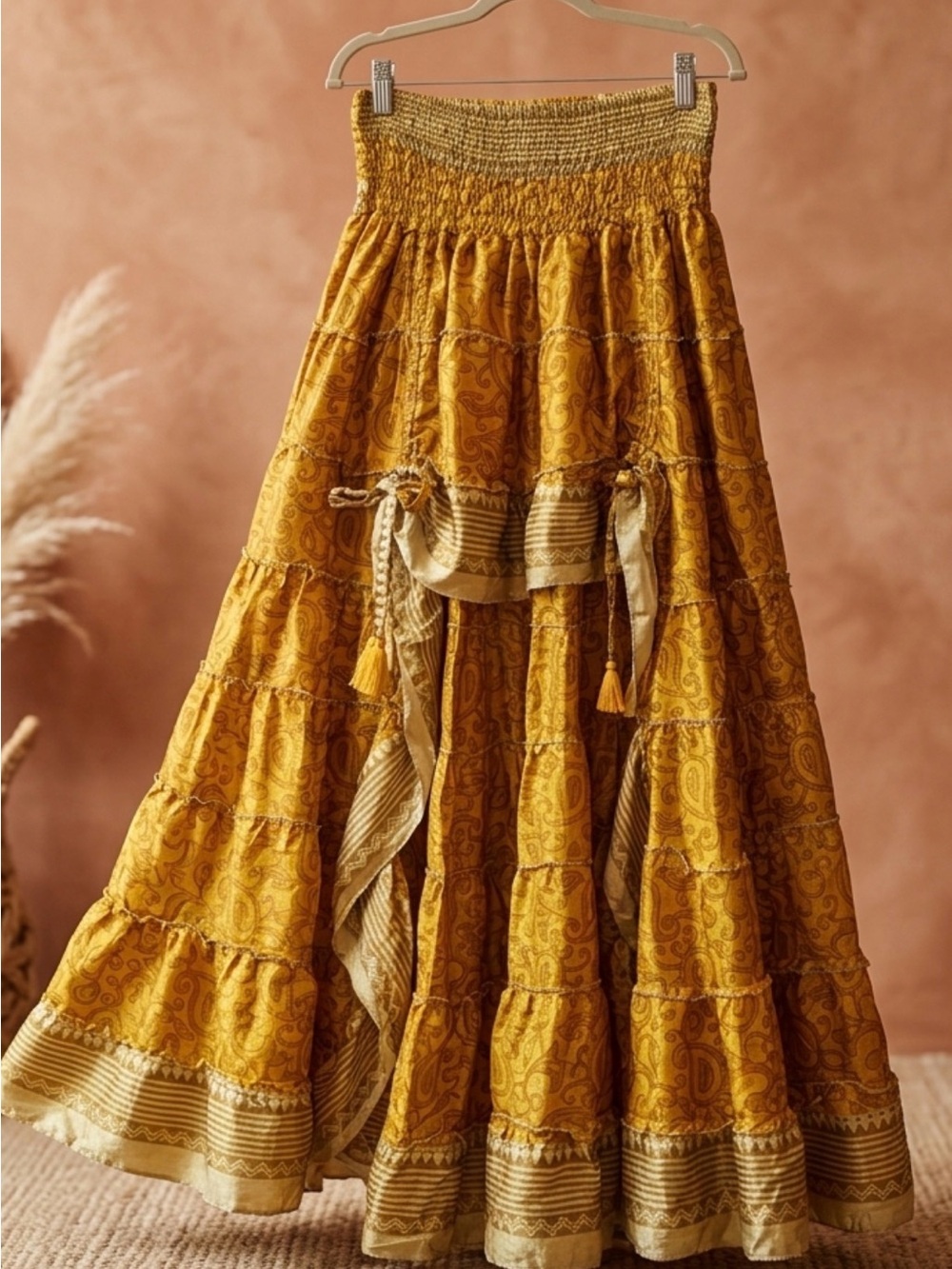 Boho Tiered A-Line Maxi Skirt in Mustard Yellow